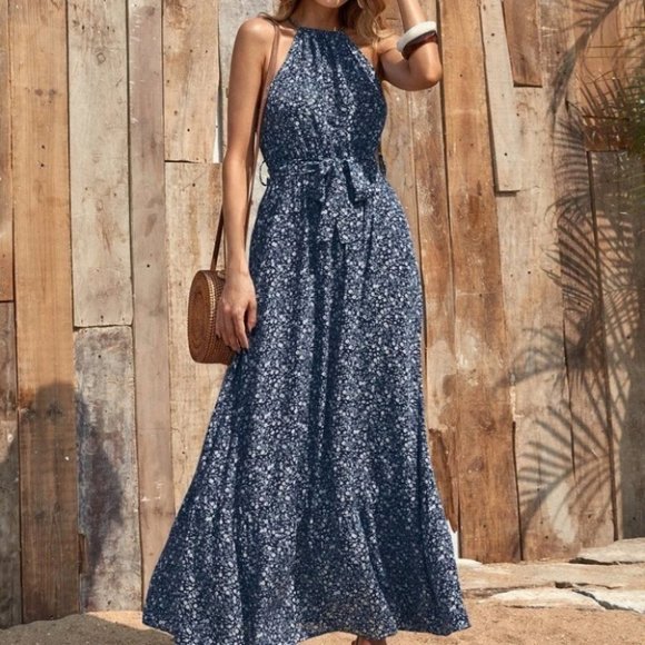 Boho Floral mini ditsy Belted Halter Maxi Dress navy - Picture 1 of 5